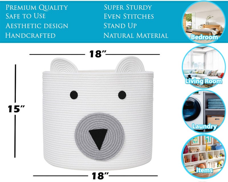 Cottonphant Bear Basket, Large Cotton Rope, Large Storage, Woven Laundry Hamper, Cloth Storage Bin, for Clothes in Bedroom (White, 18"x15") - Image 2